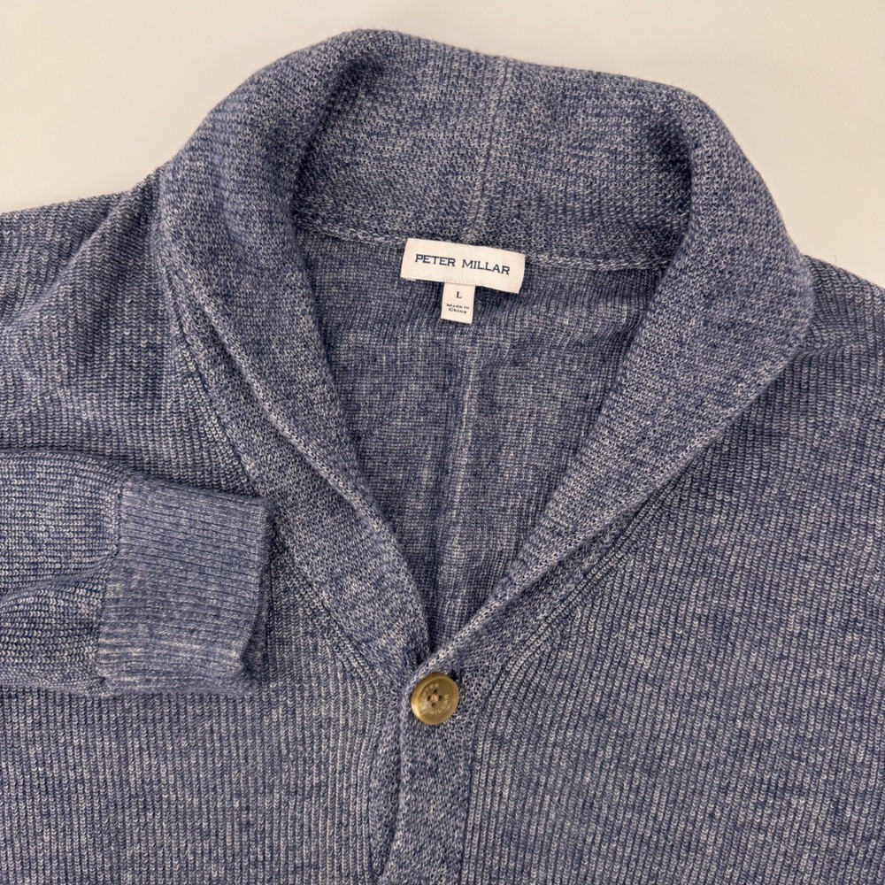 Peter Millar Cardigan Sweater Mens L Blue Shawl Collar Cotton Hemp Blend 9947